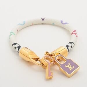 Louis Vuitton Multicolor Monogram Lock & Key Charm Bracelet White Leather Gold ✨